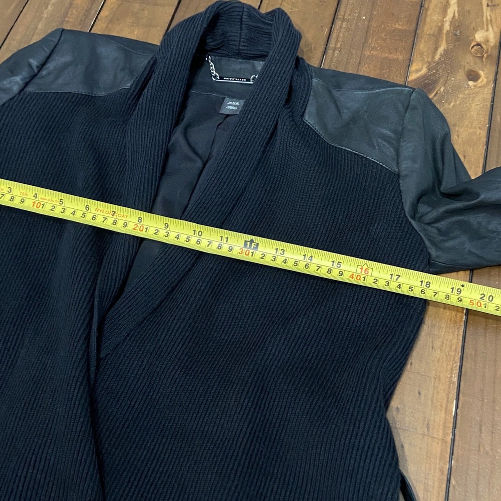 White House Black Market Leather Mixed Media Ribbed Knit Wrap Cardigan XXS Black - Picture 4 of 7
